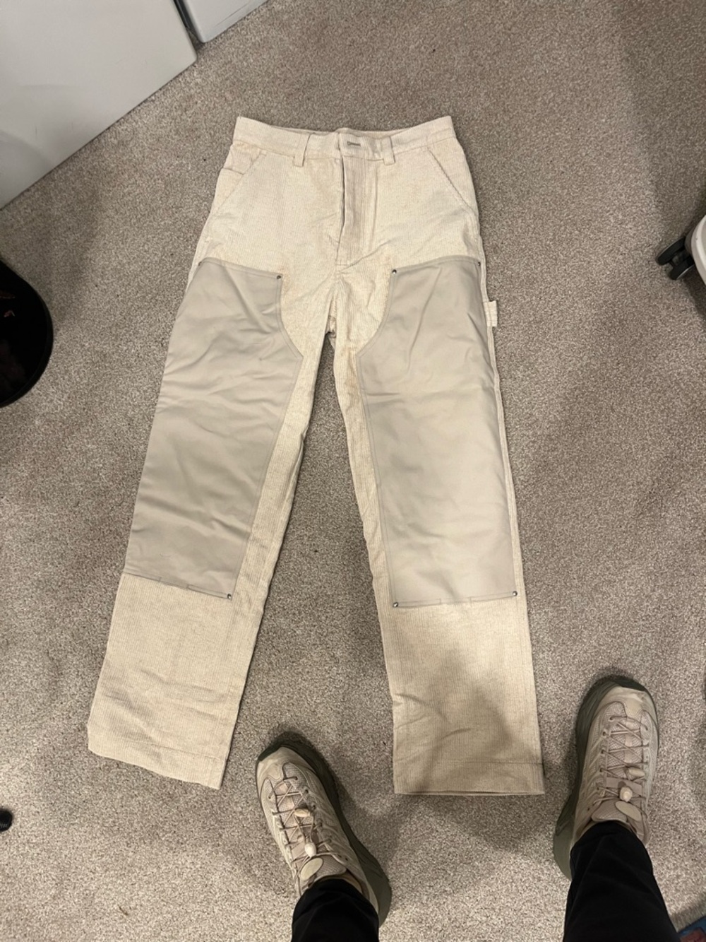 L'Amour Two-Tone Cream Corduroy Work Pants with Light Gray Knee Panels